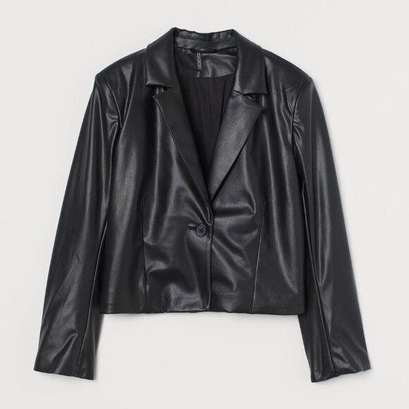 H&M Black Faux Leather Single Button Crop Blazer Jacket Minimalist Short Boxy XS - Picture 1 of 9